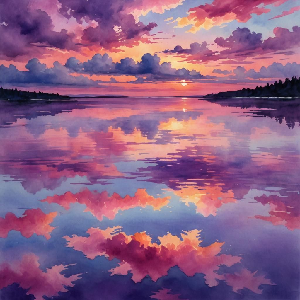Sunset Reflection in Gouache Style