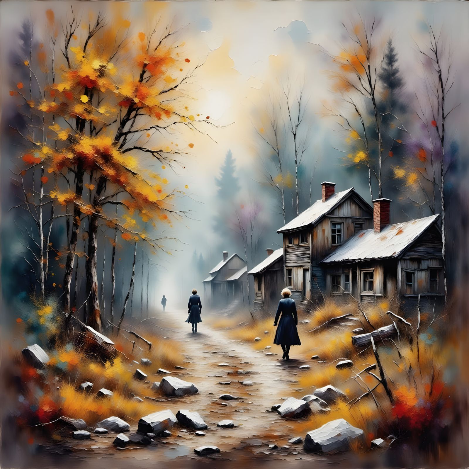 Misty Autumn Forest Scene in Impressionist Oil