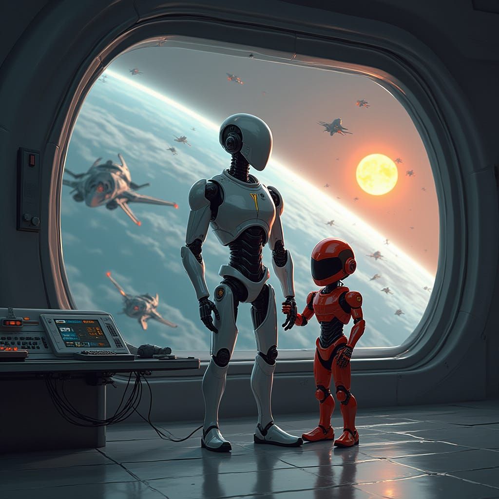 Robots Witness Space Battle in Hyperrealistic Style