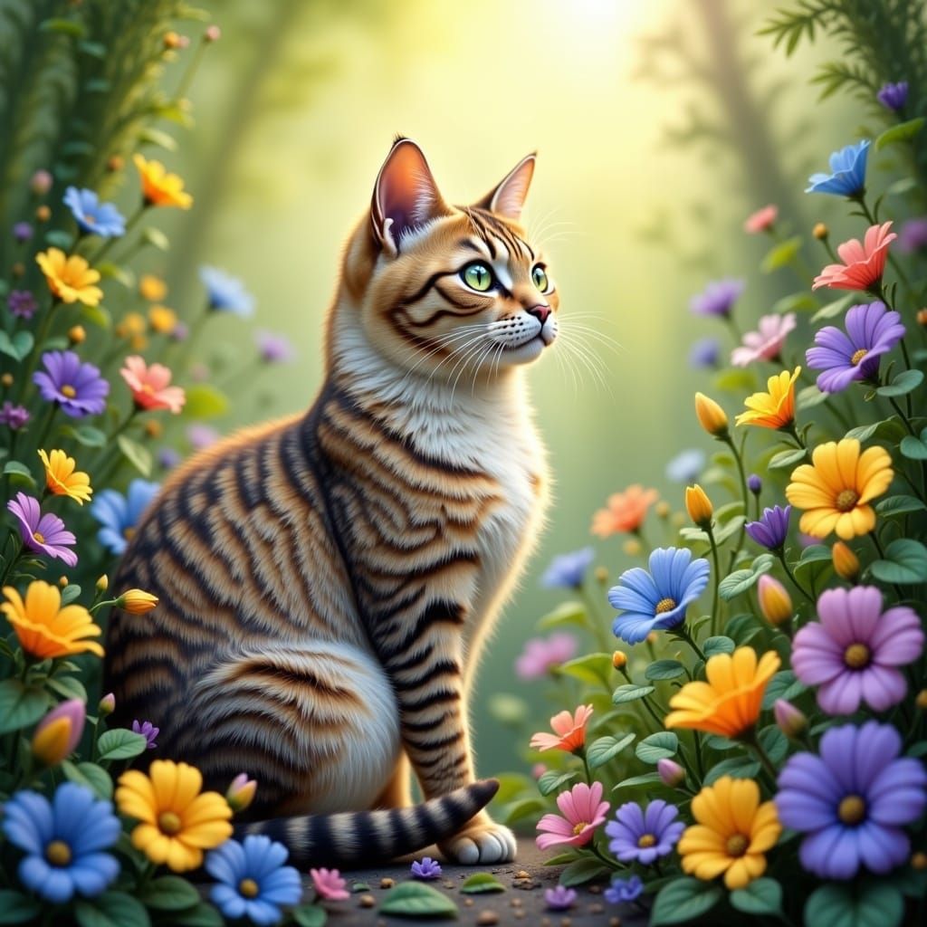 Whimsical Feline Amidst Blooming Flowers