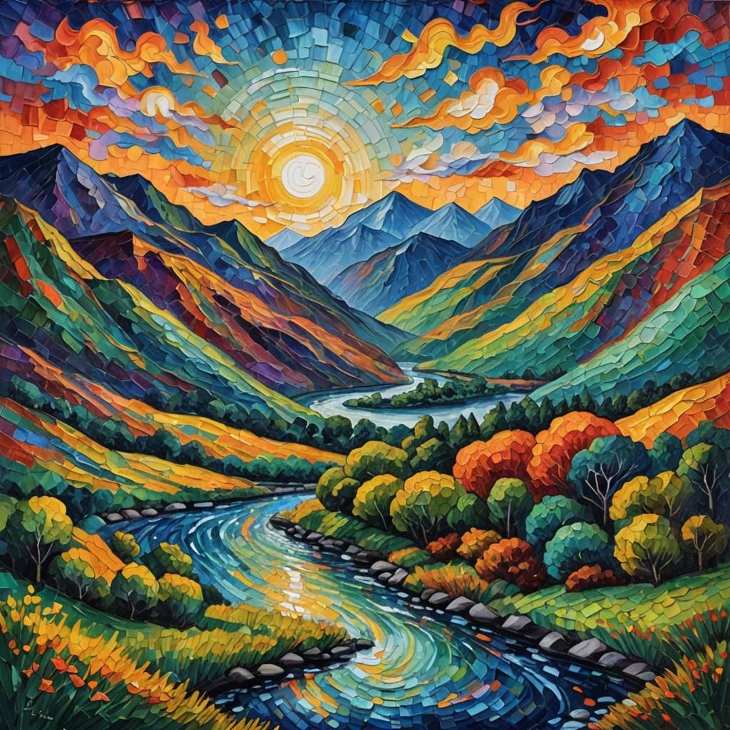 Neo-Impressionist Landscape with Sun, Moon, and Mountains