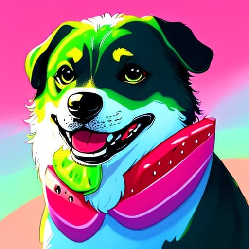 Chibi Dog in Watermelon Pop Art Style