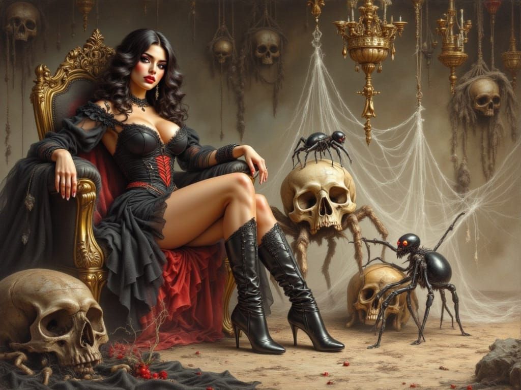 Wicked Queen on Dark Throne in Frazetta Fantasy Art Style