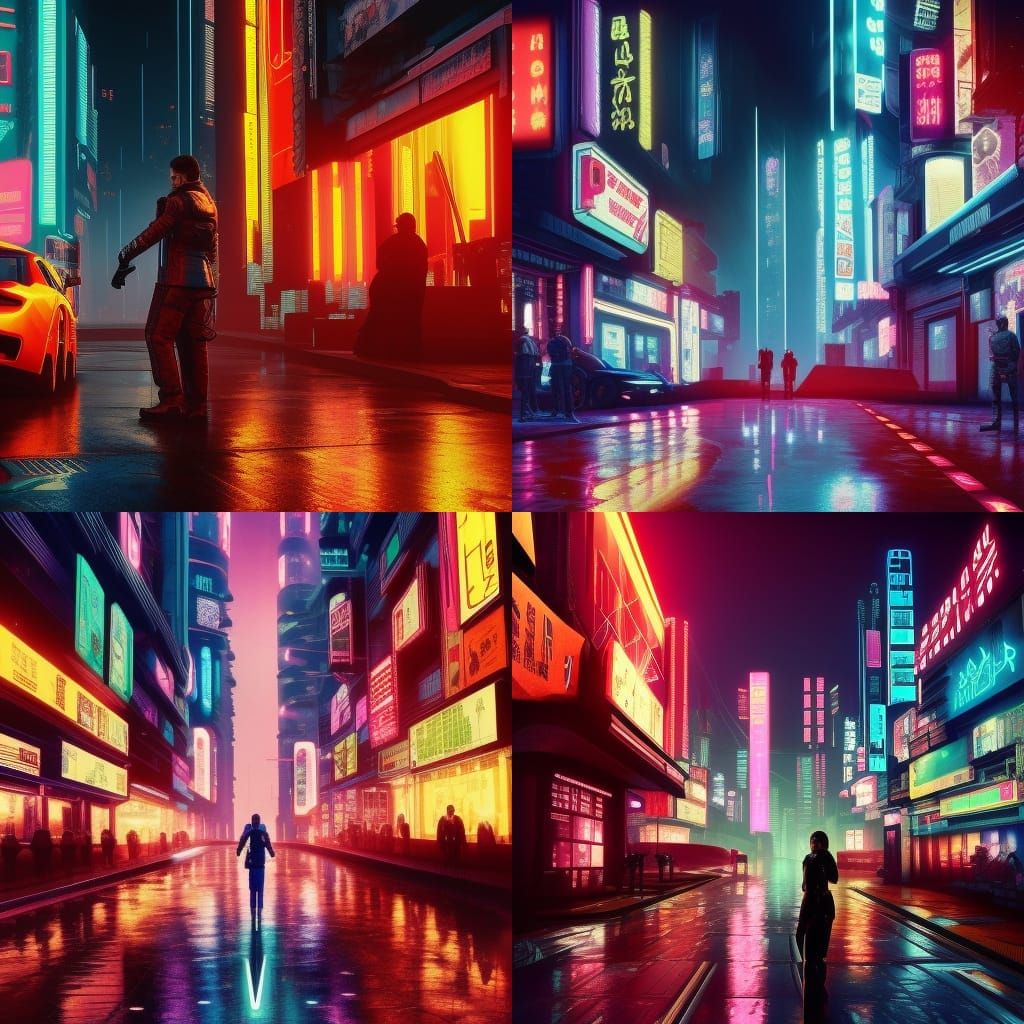Neon-lit Cyberpunk City Street at Night