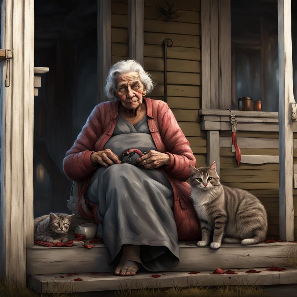 Sinister Grandmother with Cat in Photorealistic Style