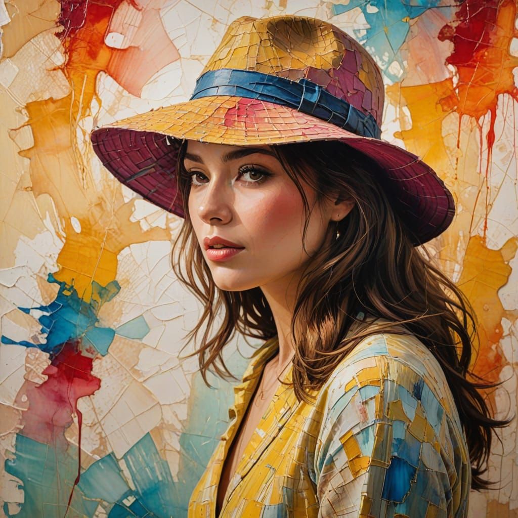 Woman in Vibrant Encaustic Art with Sunlit Room