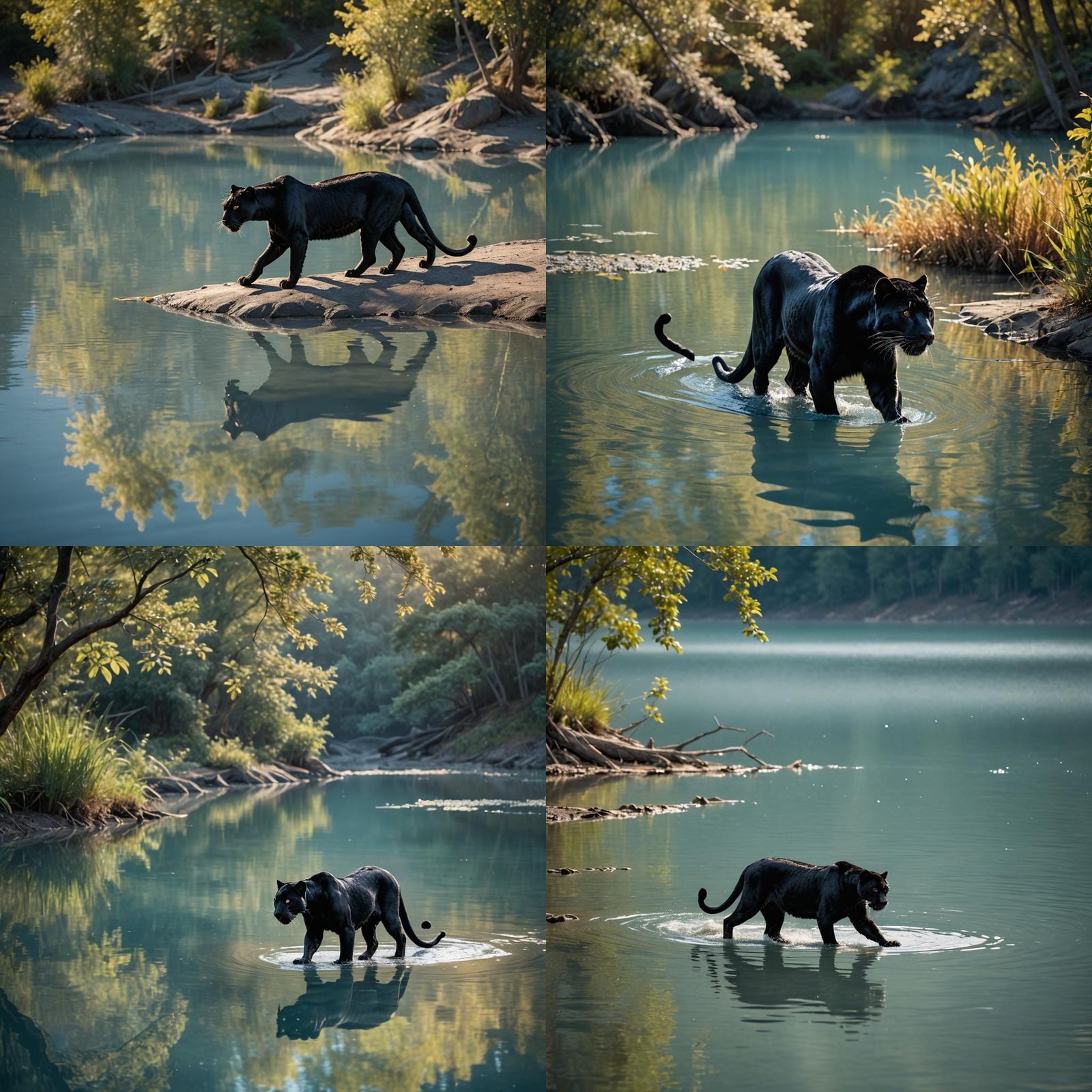 Black Panther Walking by a Light Blue Lake