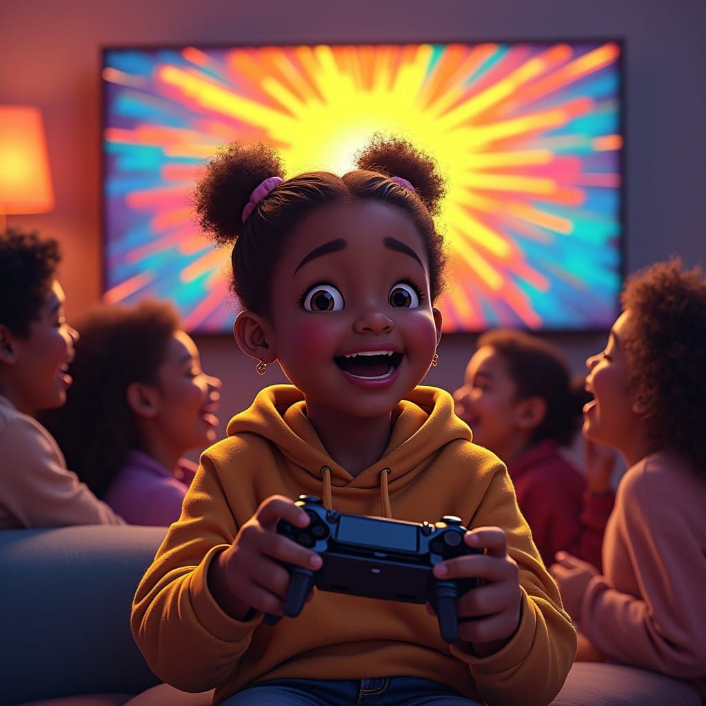 Chubby Black Teen Girl Surrounded by Loving Family in Vibran...