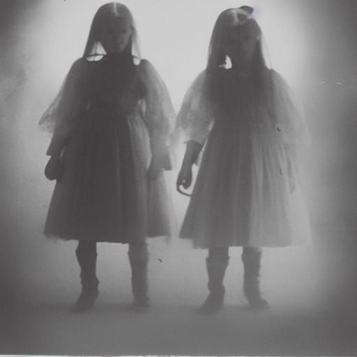 Creepy Twin Girls in Black and White Chromalithography