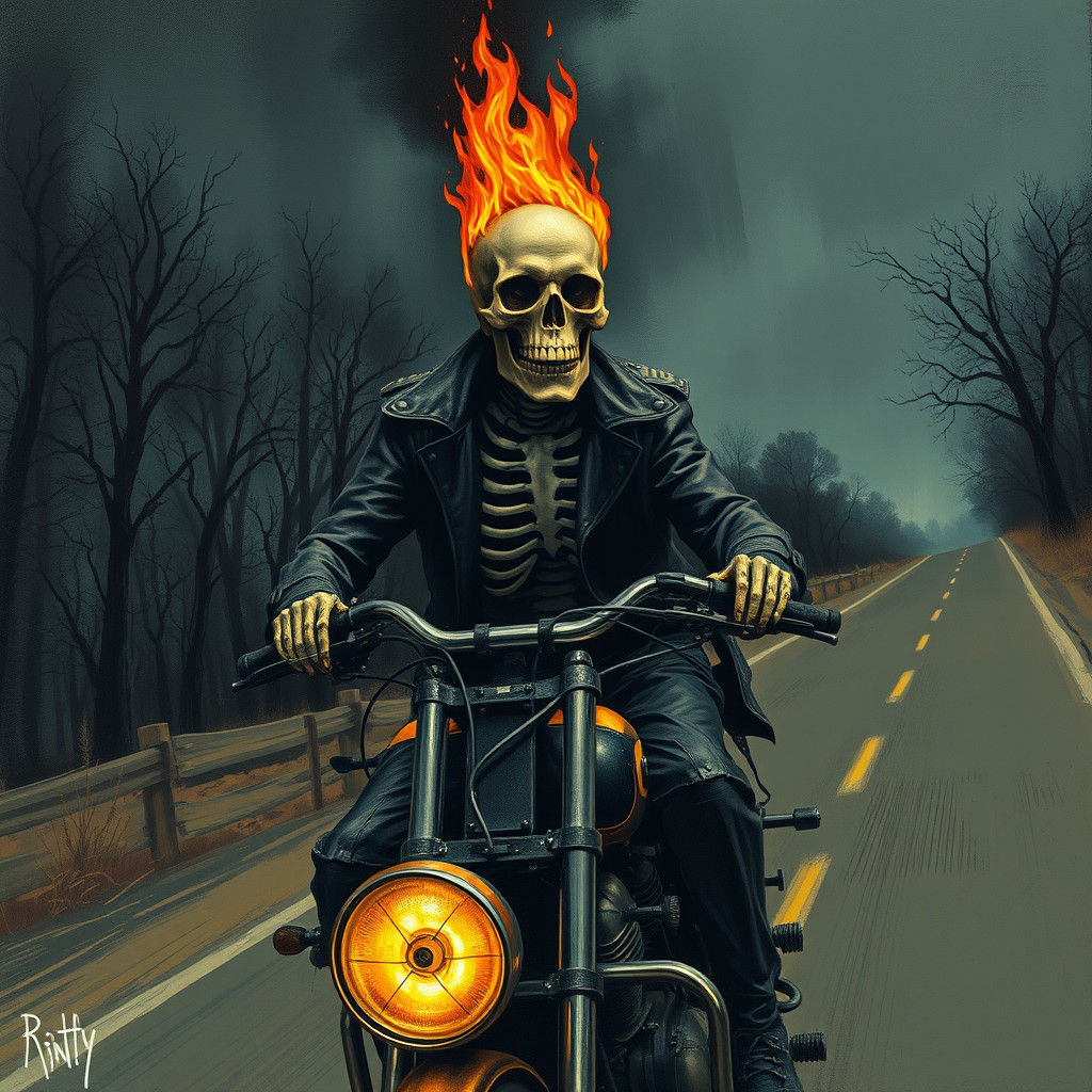 Flaming Skeleton Rider in Dark Gothic Style
