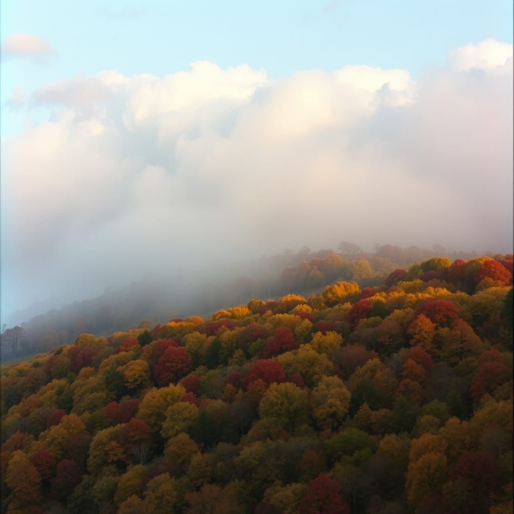 Autumn Hills in Fog with Golden Dawn Light