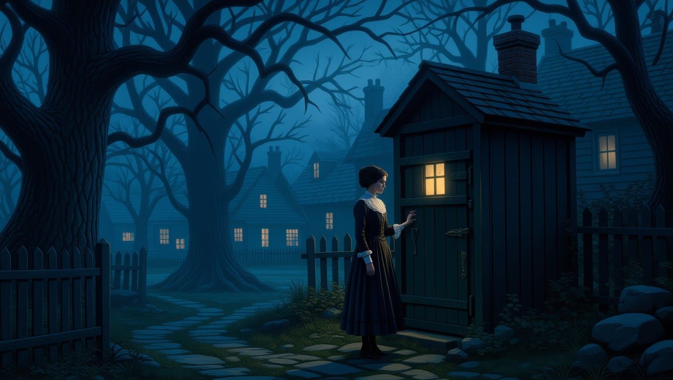 Victorian Girl Beside Outhouse in Ethereal Style