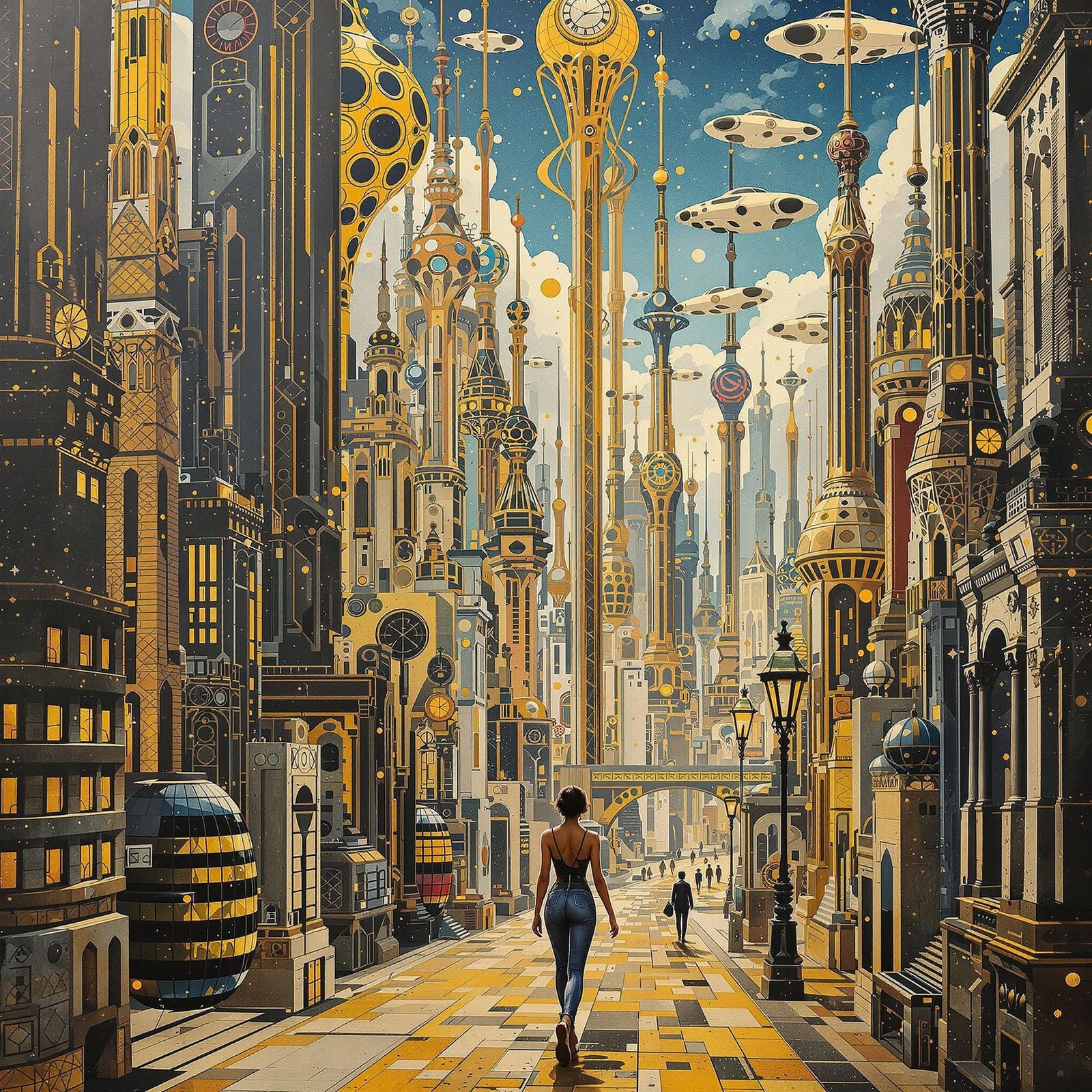 Woman Walking Through a Futuristic City in Vibrant Art Nouve...