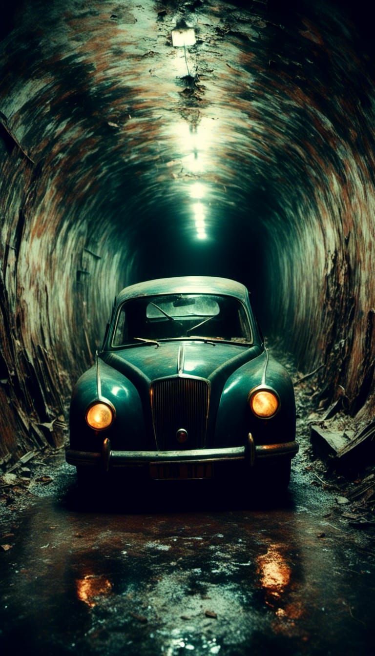 Vintage Car Races Through Dark Tunnel