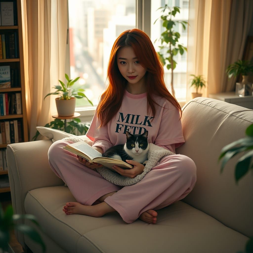 Cozy Japanese Apartment Scene with Red-Haired Woman