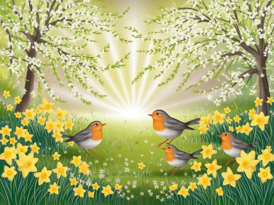 Vibrant Spring Landscape with Golden Daffodils and Wildflowe...