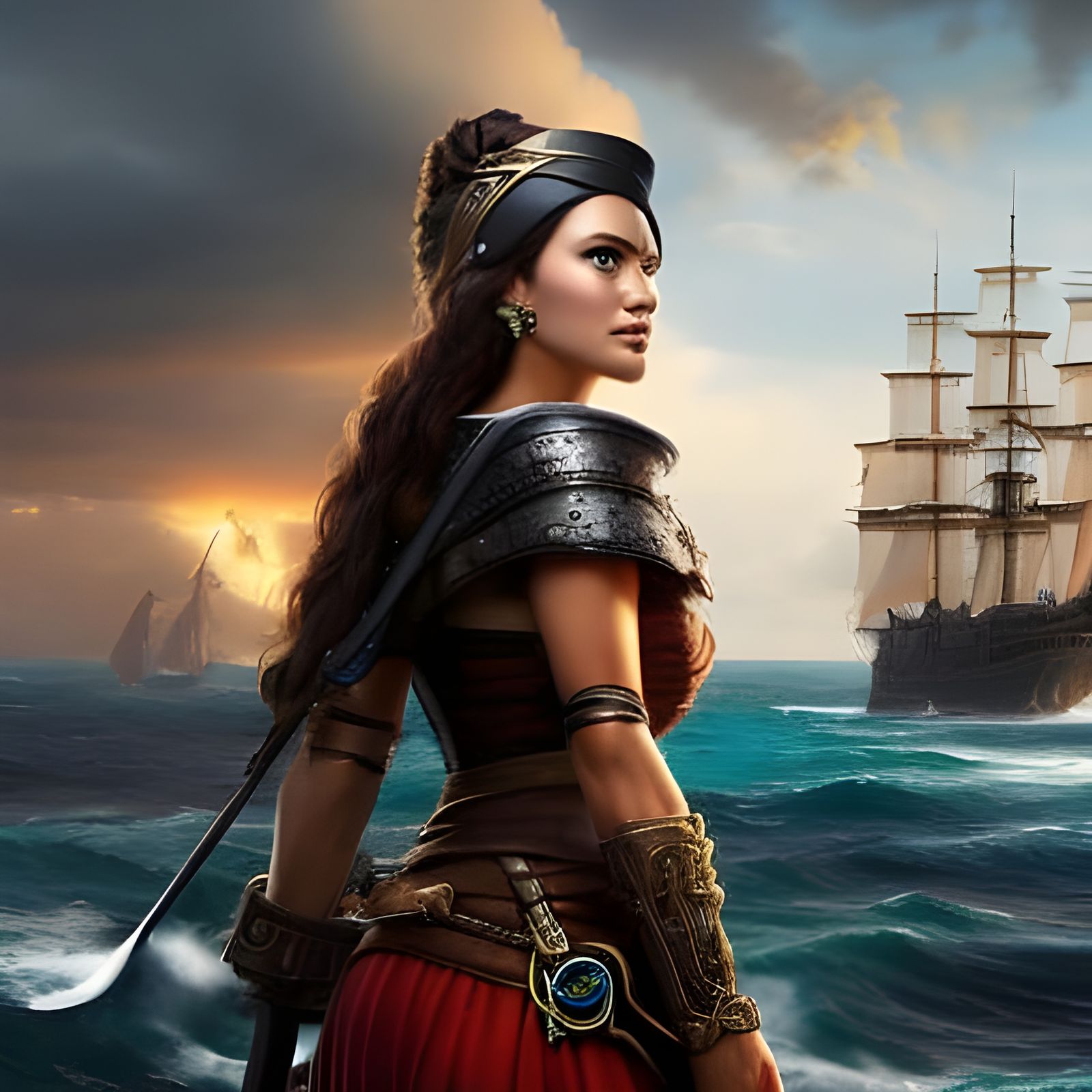 Detailed Female Pirate on Deck in Expressionist Style