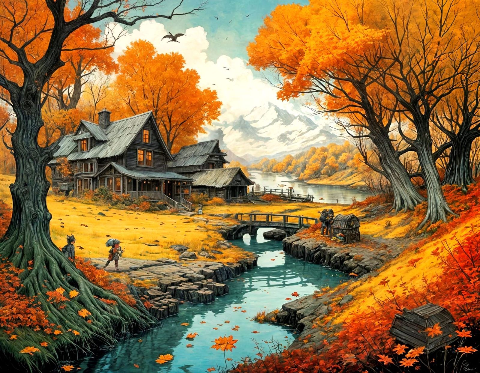 Vibrant Autumn Landscape Painting in Unique Artistic Style