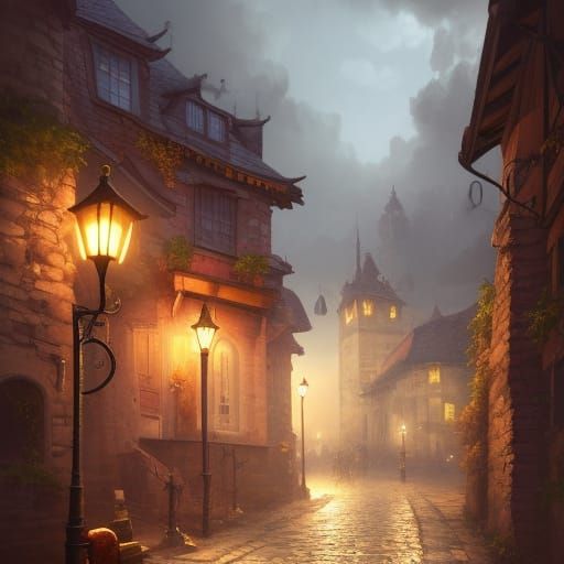 Charming Cobblestone Street at Night: Detailed Digital Paint...