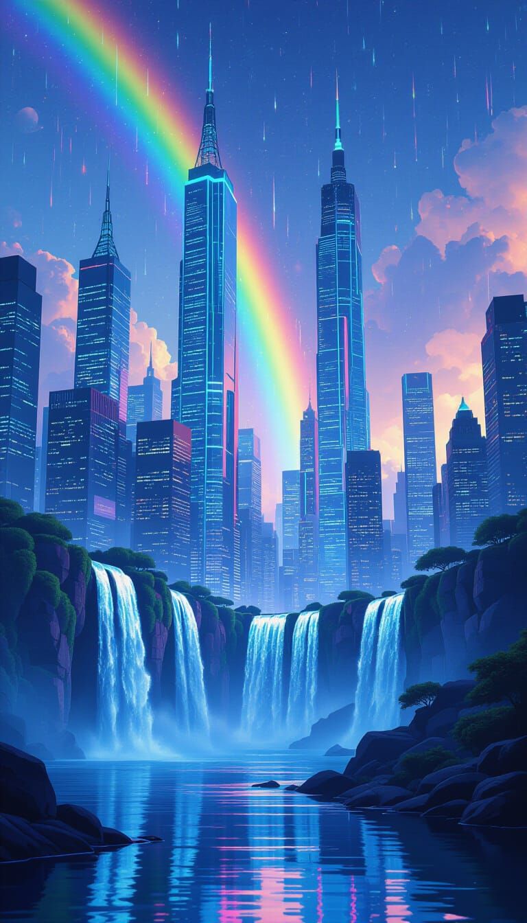 Cyberpunk Cityscape with Crystal Waterfalls and Neon Lights