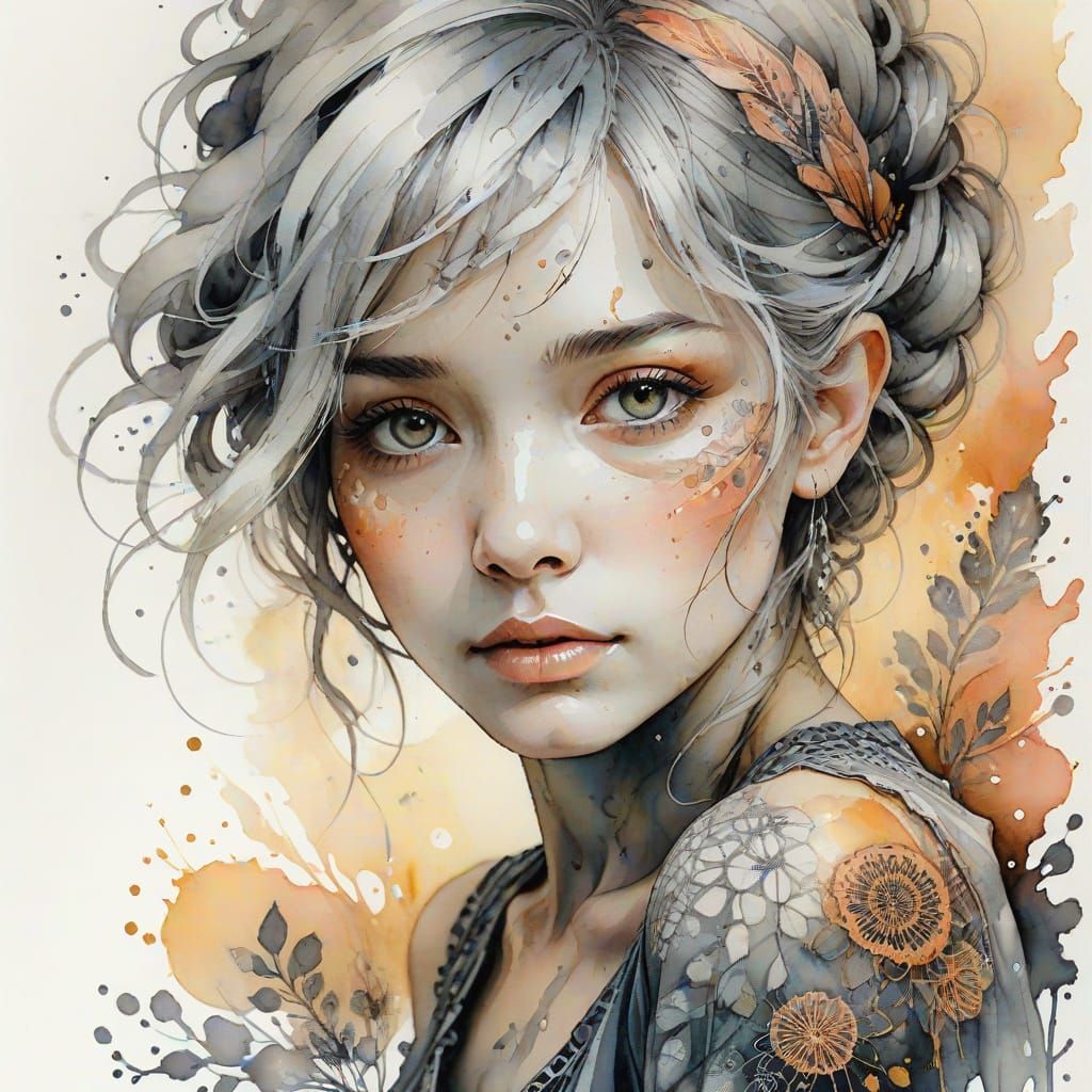 Silver-Haired Woman in Inked Watercolor