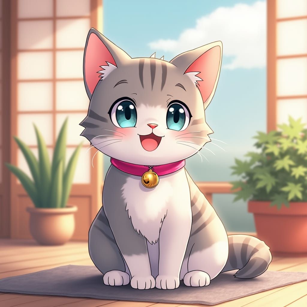 Adorable Tabby Cat in Anime Style Japanese Garden