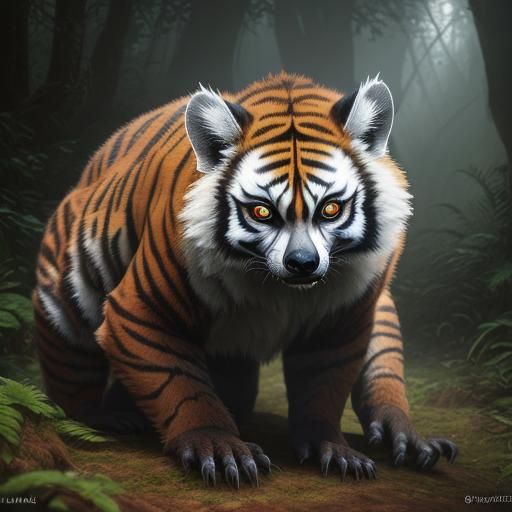 Lemur, Tiger, Husky Hybrid in Mystical Forest