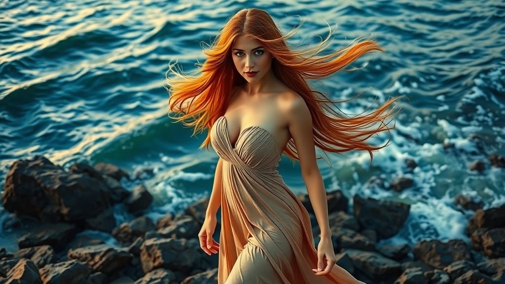 Ethereal Expressionist Woman on Rocky Shoreline