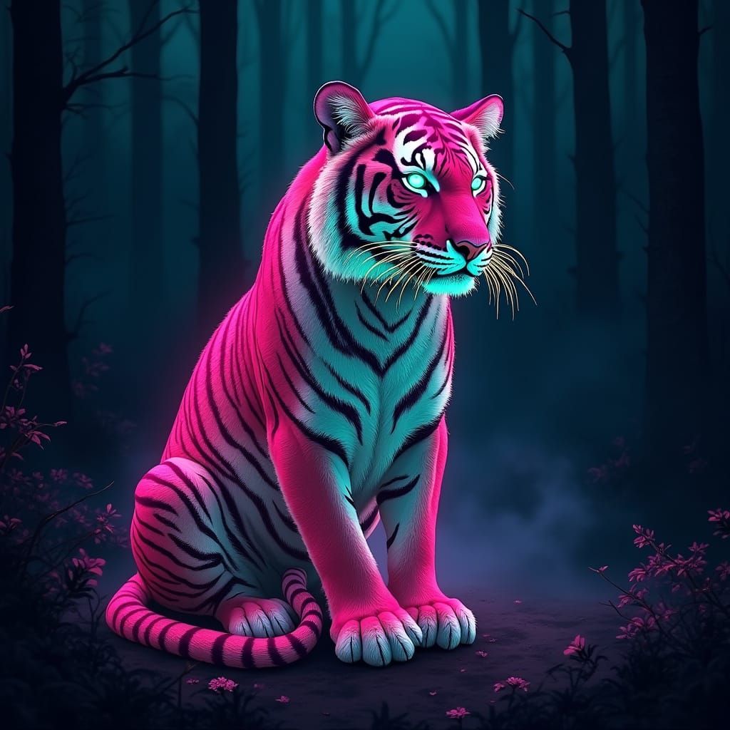 Glowing Neon Tiger in Dreamlike Forest Landscape