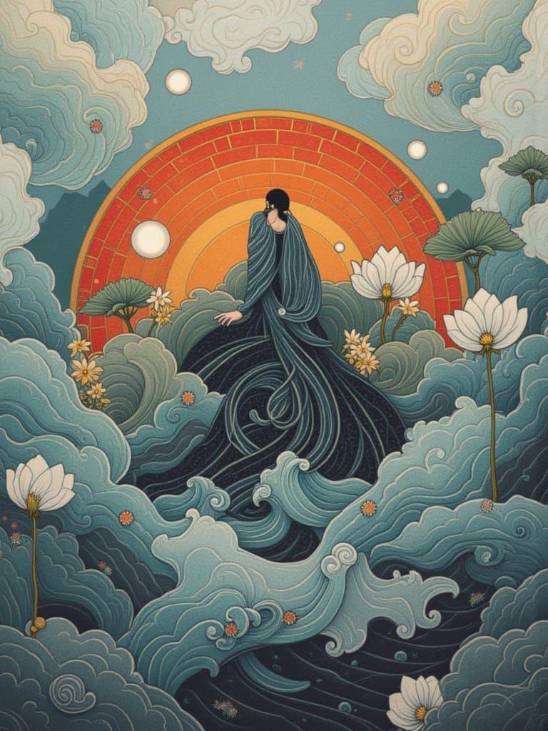 Elegant Figure at Shoreline in Art Deco-Minhwa Style