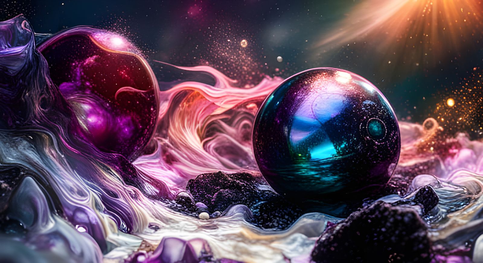 Floating Obsidian Orbs in Graffiti Art Style