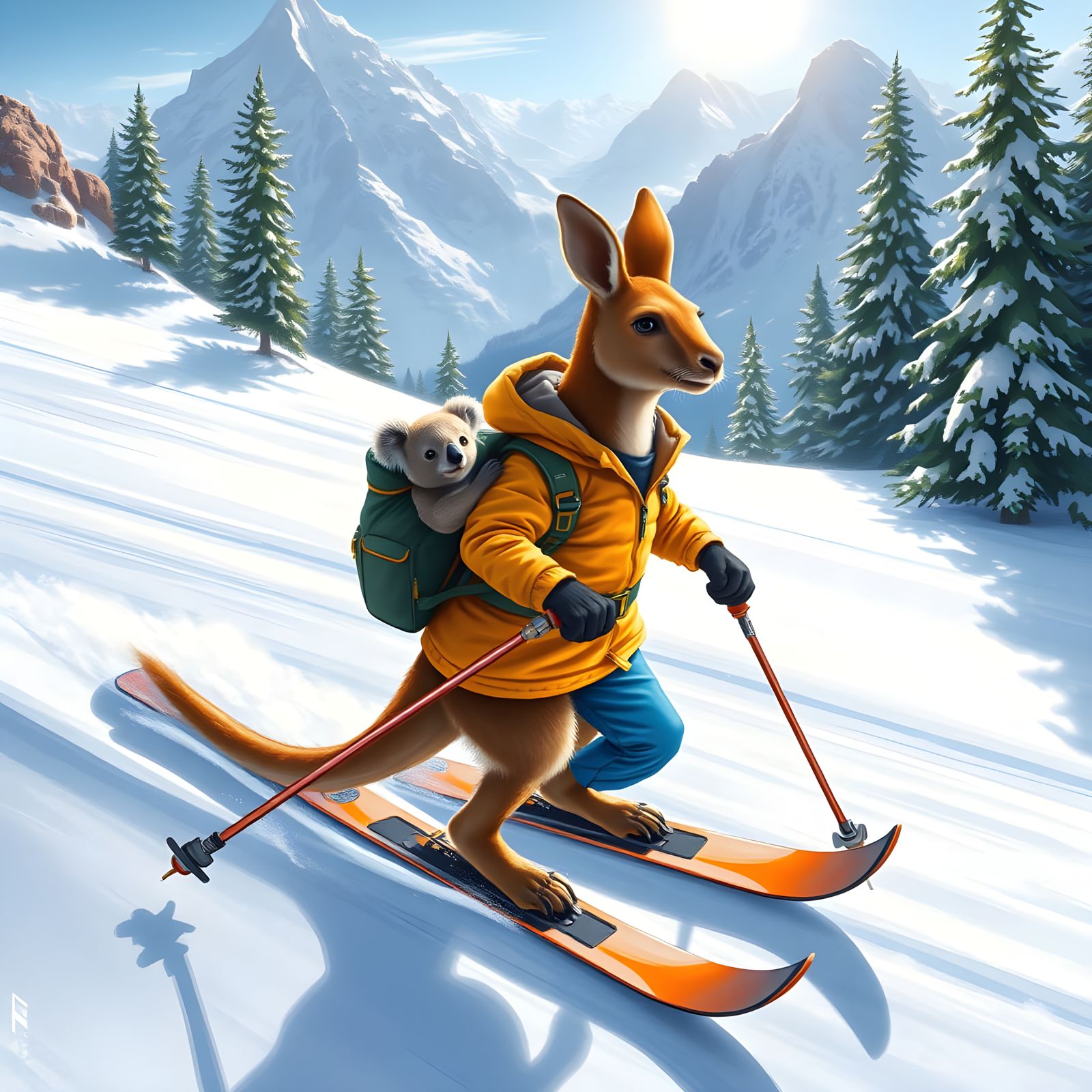 Kangaroo Skier in Futuristic Alpine Landscape