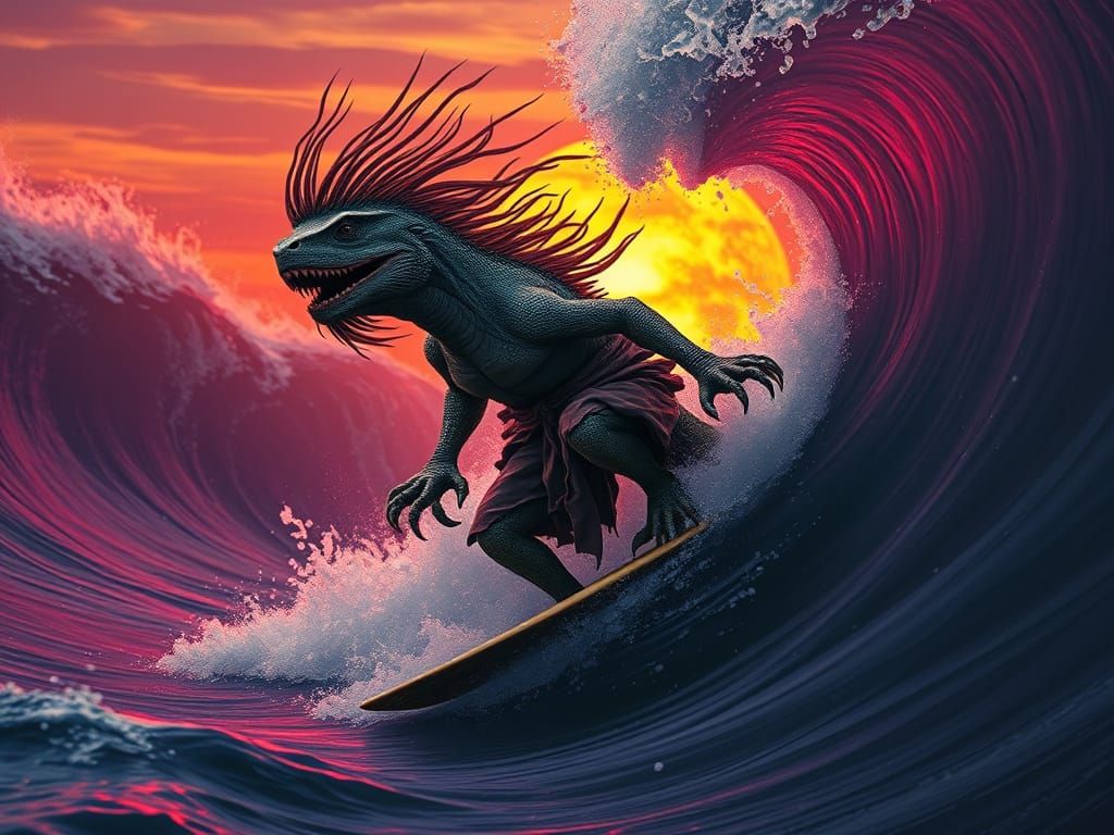 Surfing Lizard in Fiery Sunset, Dark Fantasy Art Style
