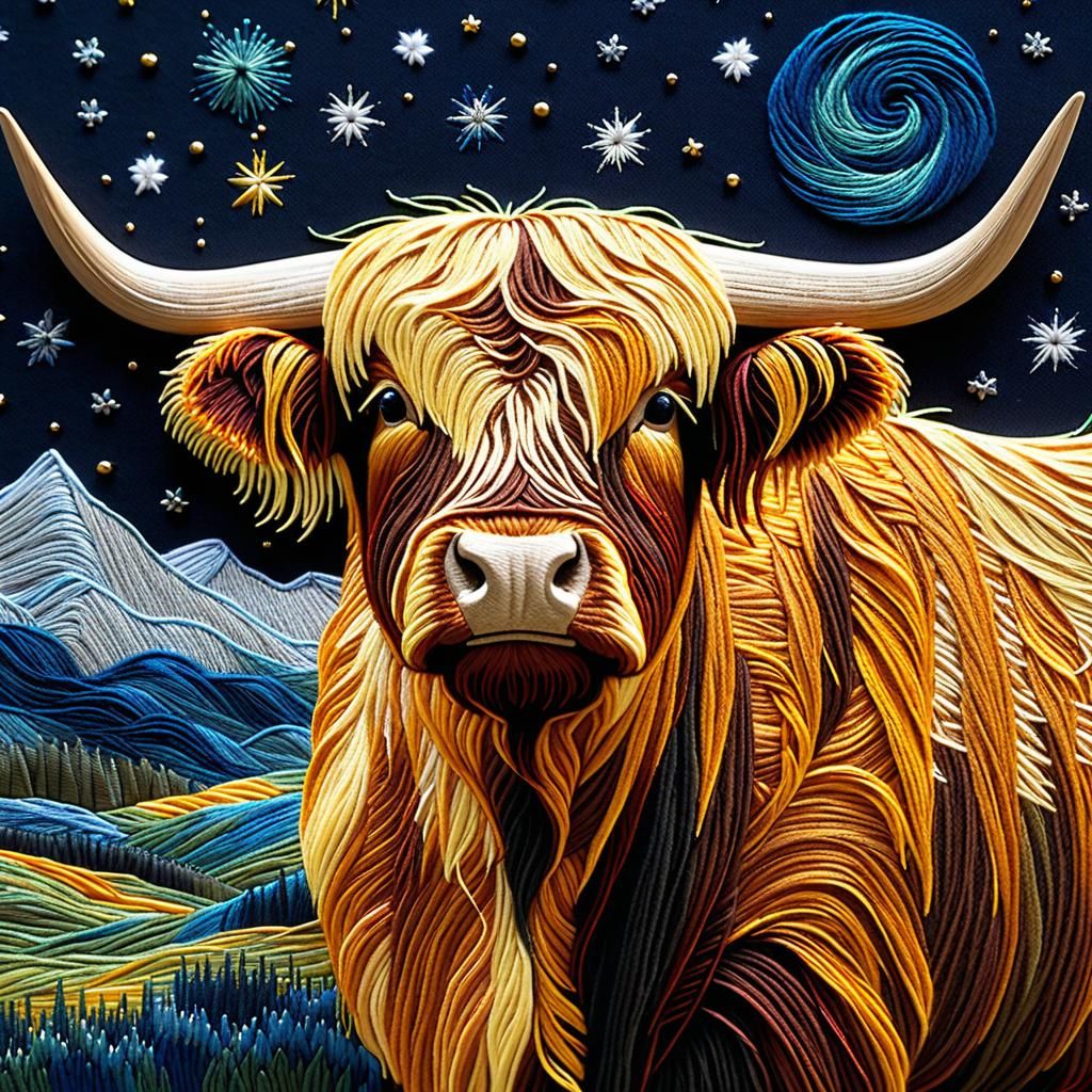 Embroidered Highland Cow in Starry Night Embroidery Art