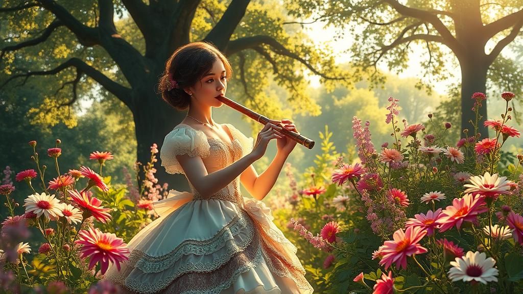 Victorian Woman Playing Flute in Dreamlike Garden