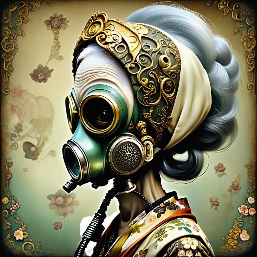 Elegant Old Woman in Gas Mask with Chibi Eyes