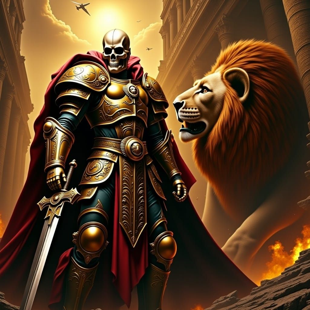 Knight and Lion in Post-Apocalyptic Coliseum Digital Paintin...