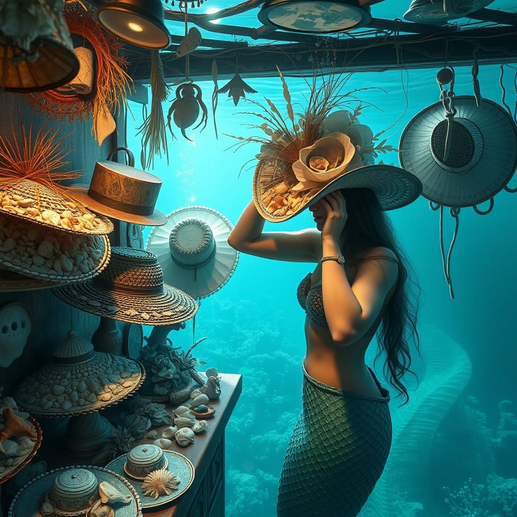 Mermaid Tries Hats In Underwater Shop