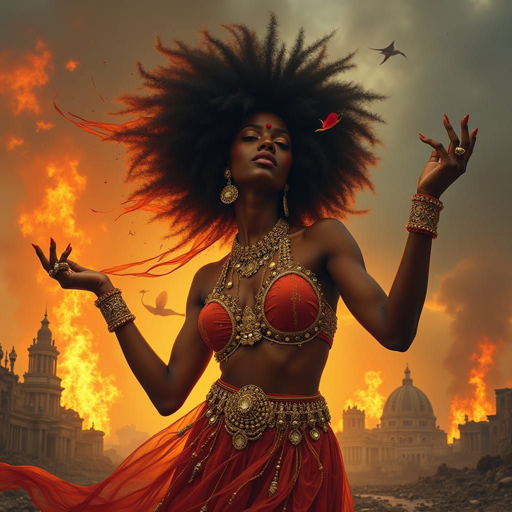 Regal Black Woman Transcends Amidst Burning World