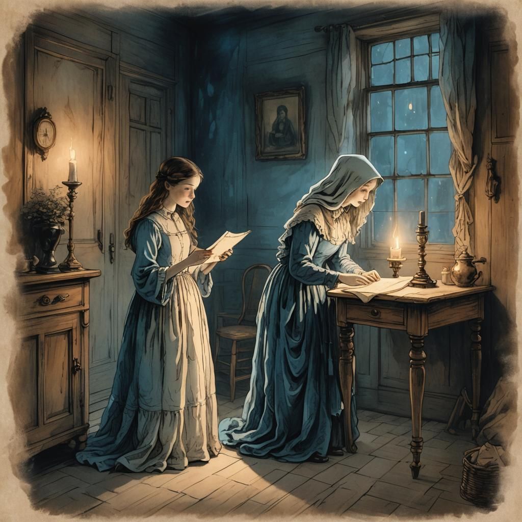 Digital illustration featuring a life-like girl, glowing gho...