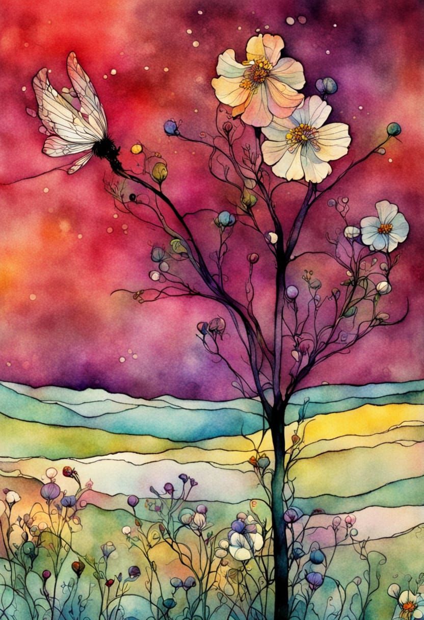 Delicate Wildflowers in Vibrant Liquid Ink