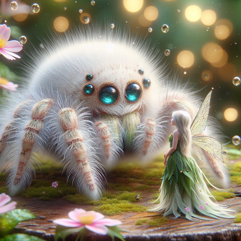 Whimsical Garden Fairy Admires Tiny Spider