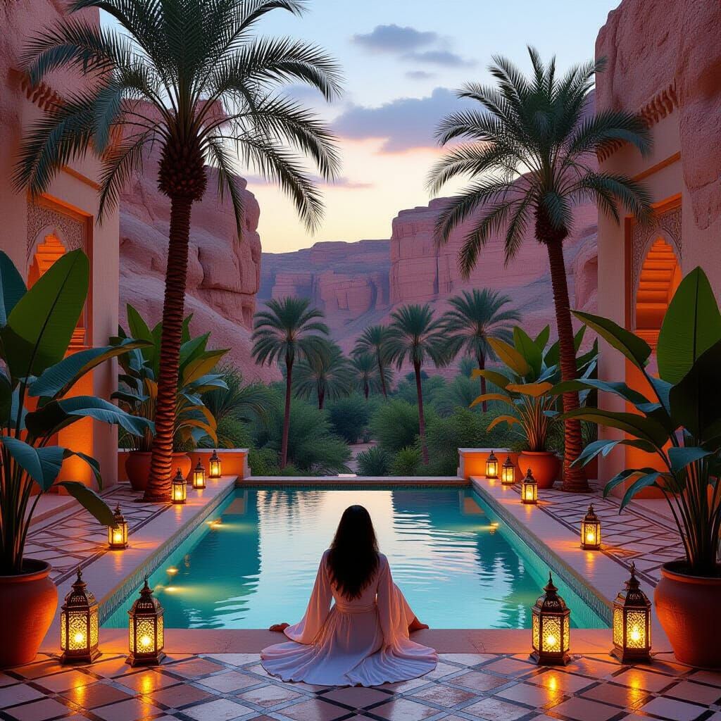 Moroccan Oasis at Dusk: Hyperrealistic Matte Painting