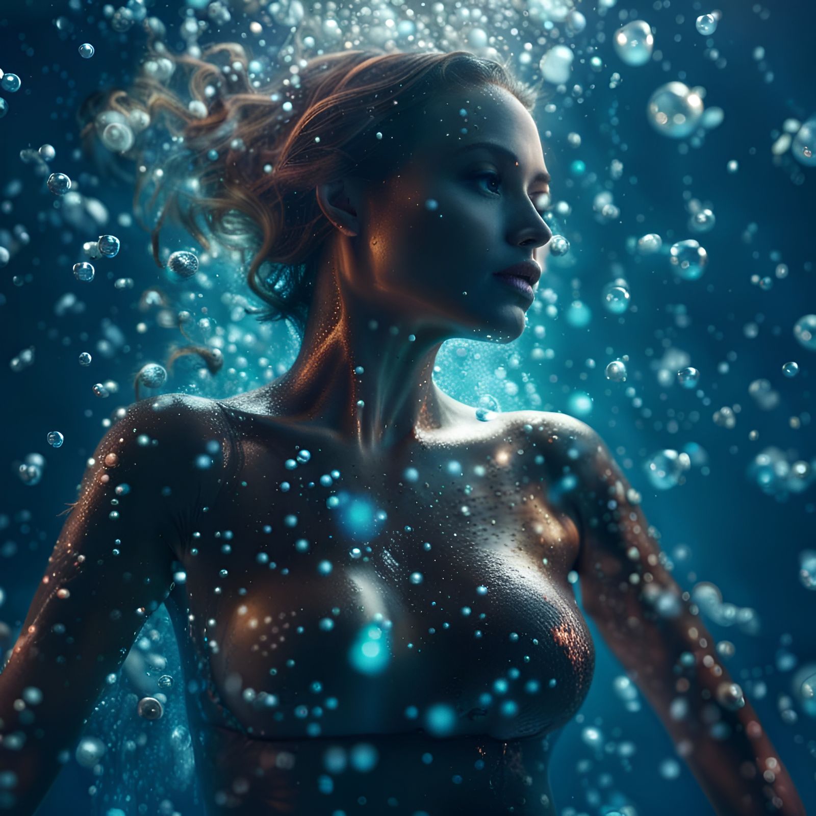 Beautiful Woman Underwater with Air Bubbles