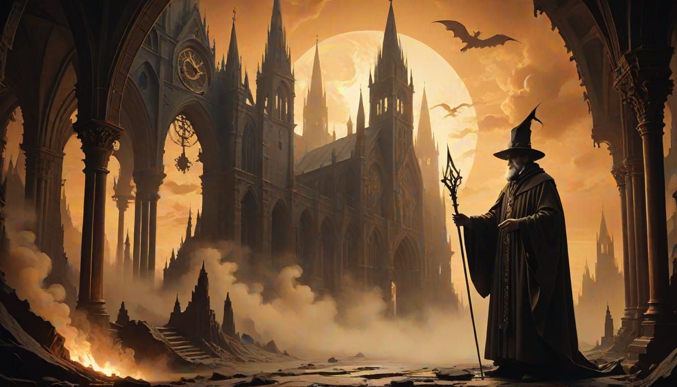 Mystical Gothic Church at Dusk in Steampunk Style