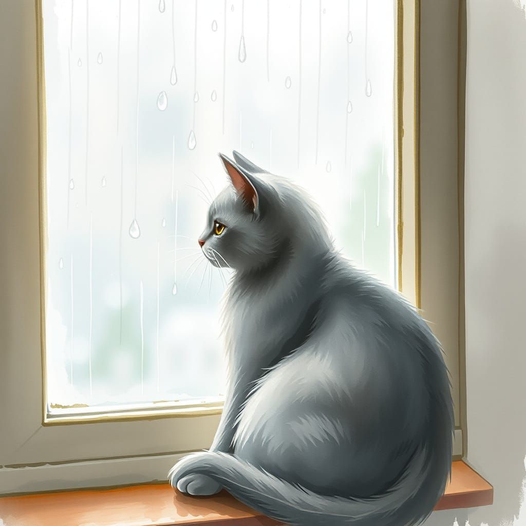Grey Cat Contemplates Rainy Day
