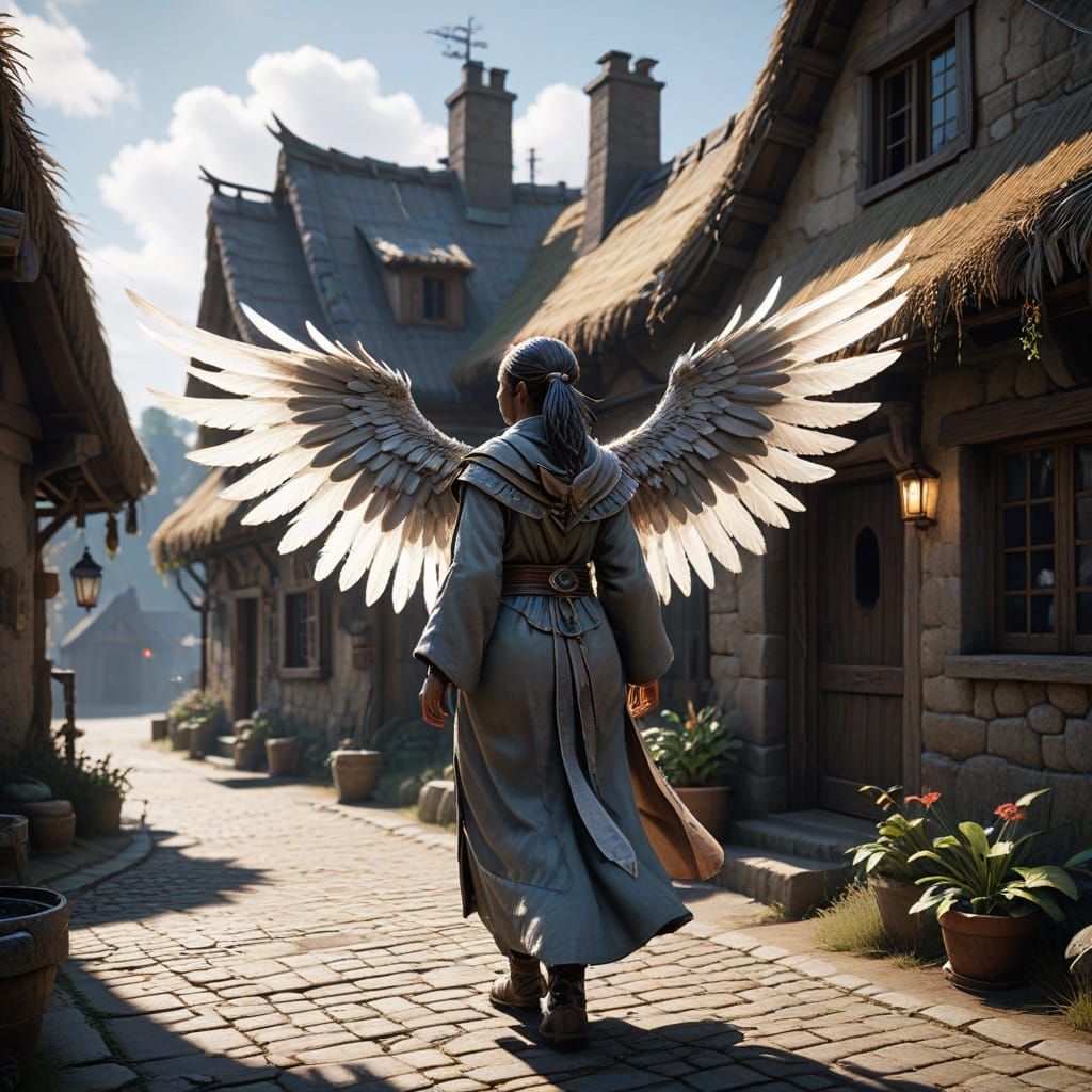 Fantasy Villager with Feathery Wings in Vibrant Village Sett...