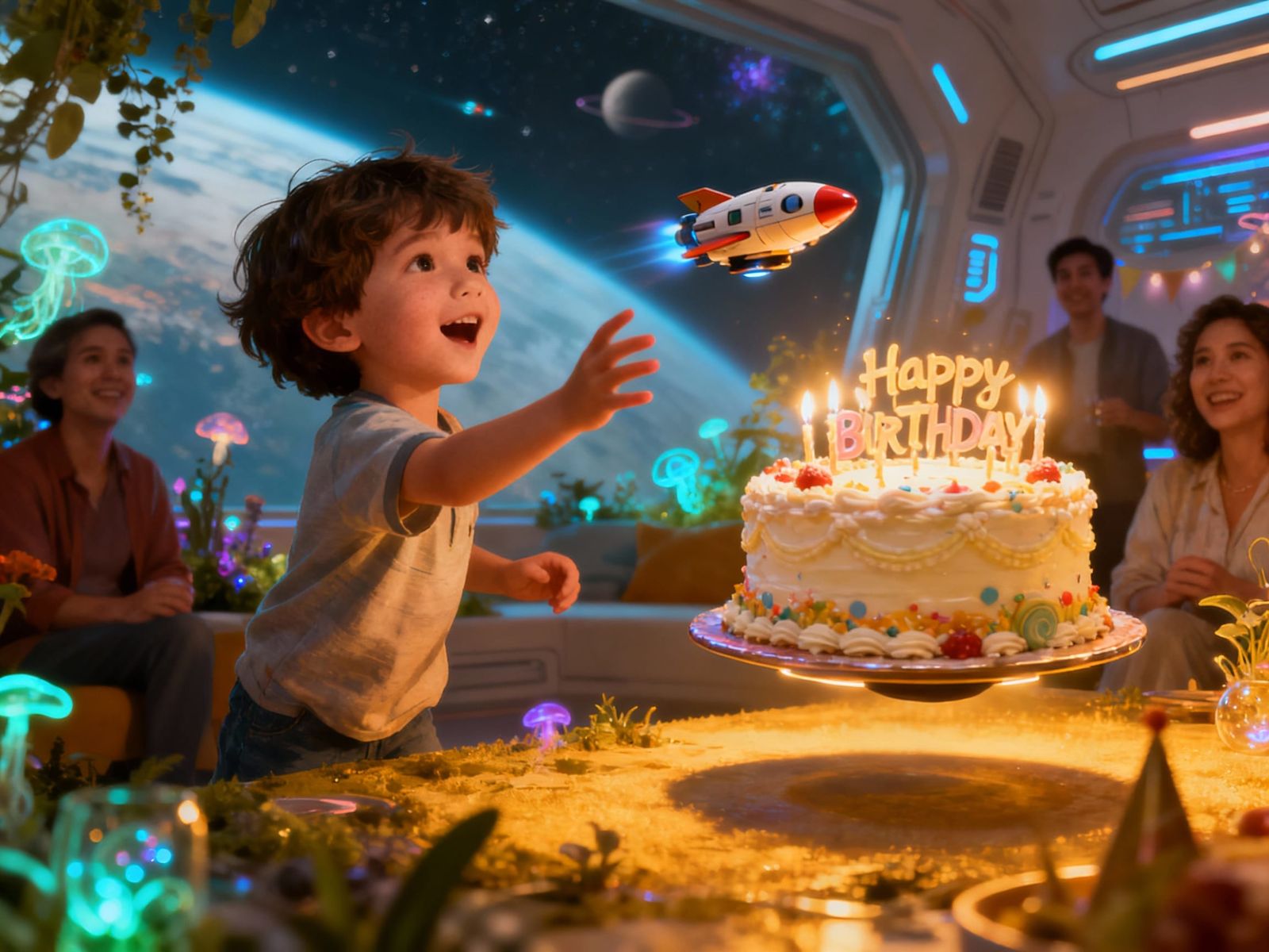 Futuristic Birthday Party in Orbit, 2085