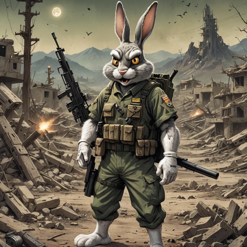 Bugs bunny as a special ops soldier in the Korean war, m-16 machine gun, grenades, extra bullet clips, night vision gogg...
