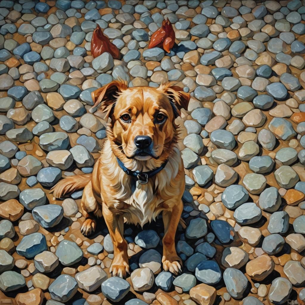 Dog Gazing at Glittering Morsel in Expressionist Style